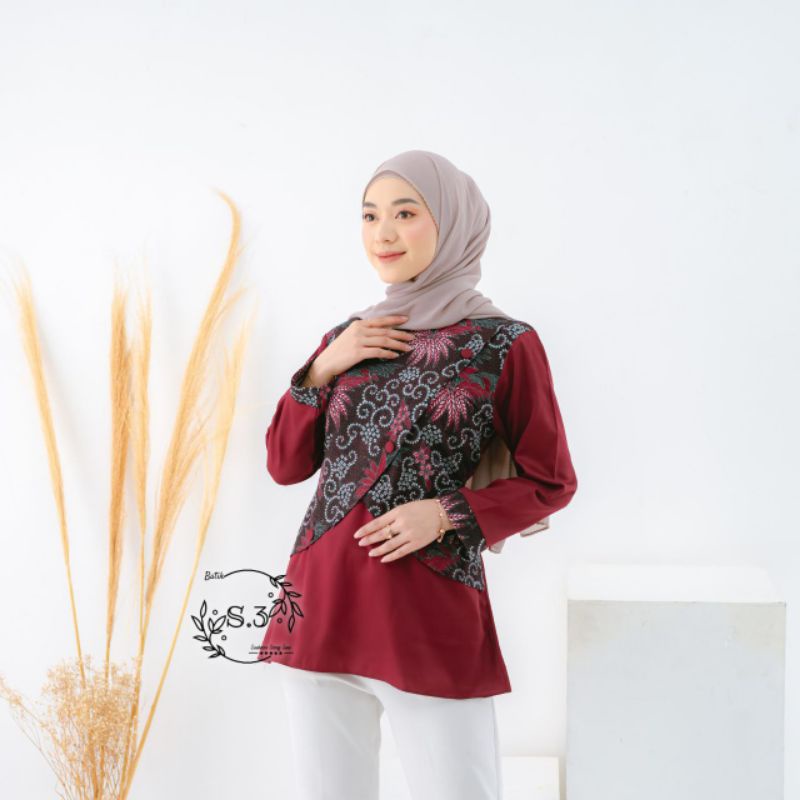 Atasan Batik Wanita Modern / Blouse Batik Kombinasi Mosscrepe Size M, L, XL ( ORIGINAL )