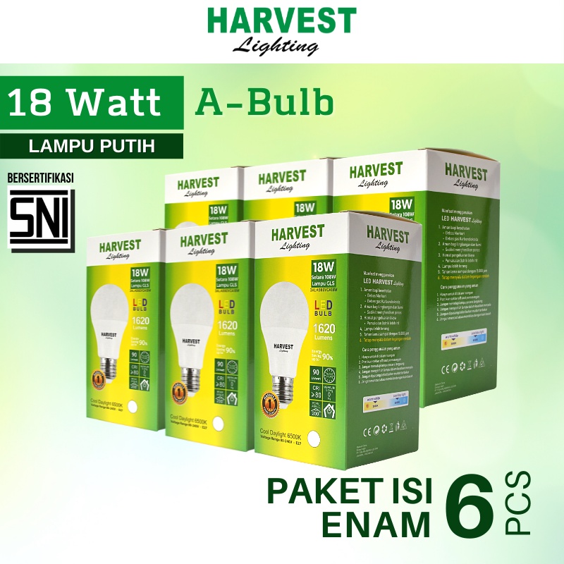 18W - Paket Isi 6 - HARVEST LIGHTING Lampu Bohlam LED A Bulb  18 Watt Lampu Hemat Energi Original Bersertifikasi SNI dan Bergaransi