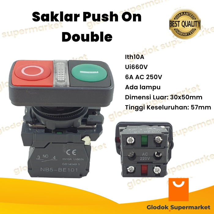 Saklar Double Push On Button 22mm Switch Tombol LED Spring Return Momentary NB5-BE101