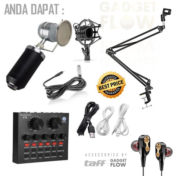 PAKET KOMPLIT MIC BM8000 STAND Microphone BM 8000 SOUNDCARD MIXER V8