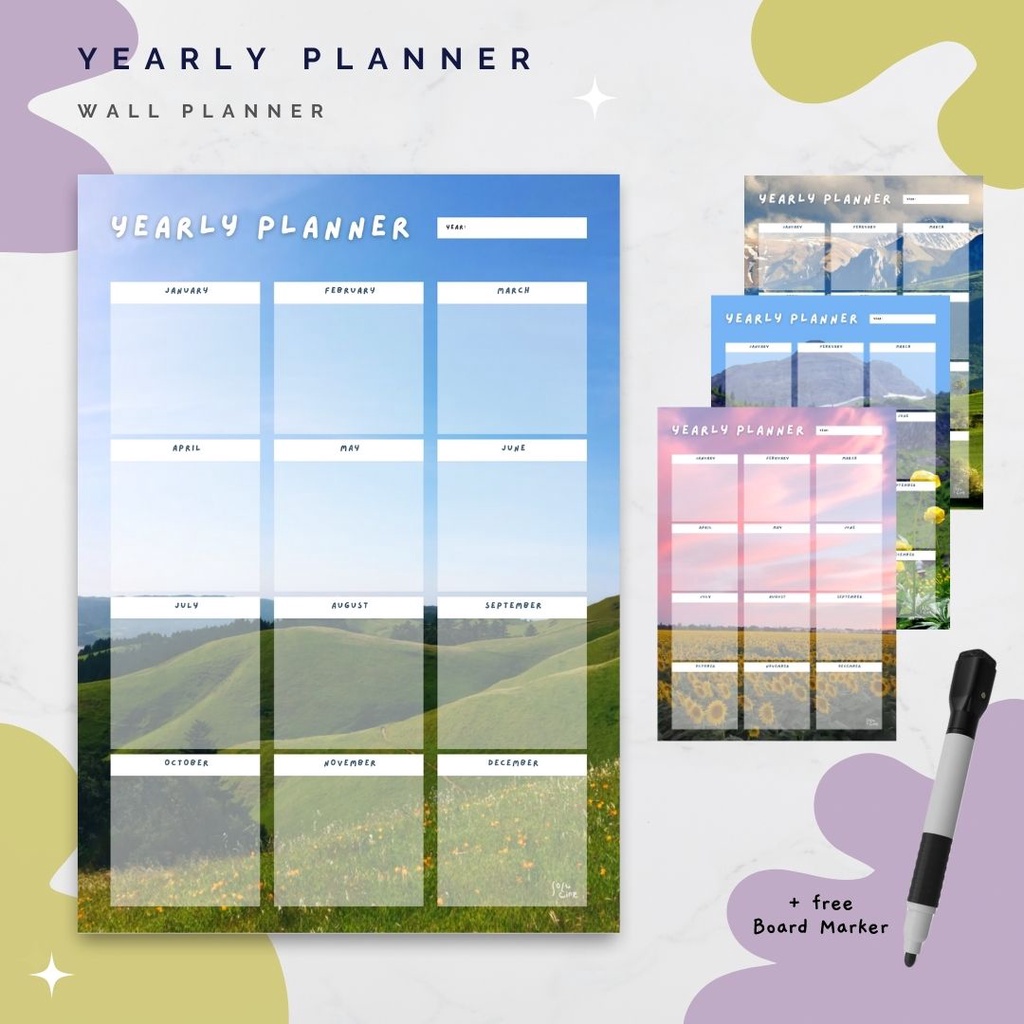 

Wall Planner Solucine - Lanscape Aesthetic Series - Yearly Planner, Monthly Planner, Weekly Planner, Daily Planner, Meal Planner - Free spidol + Reuseable - A3 / A4