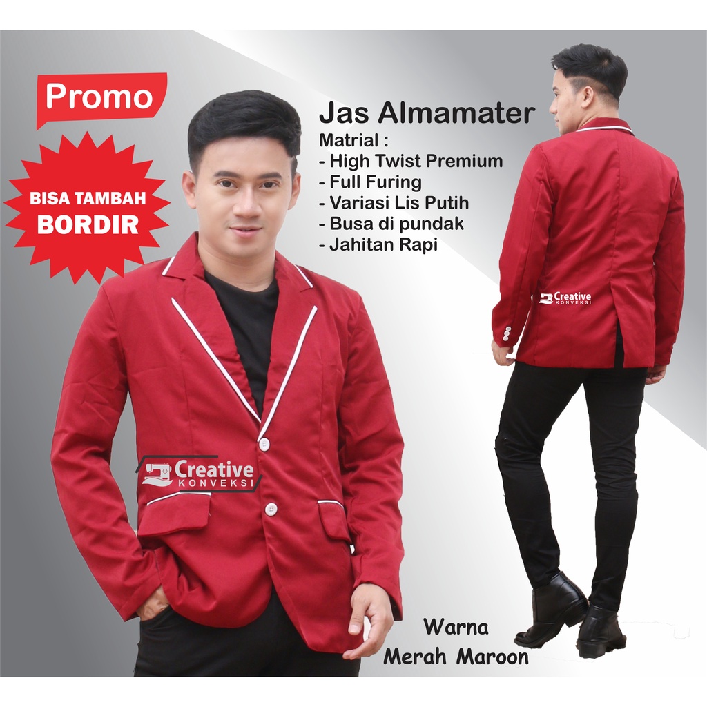 (BISA COD) jas almamater warna merah maroon variasi lis putih full furing / jas pondok pesantren / blazer sekolah kancing 2 (bisa tambah bordir nama)