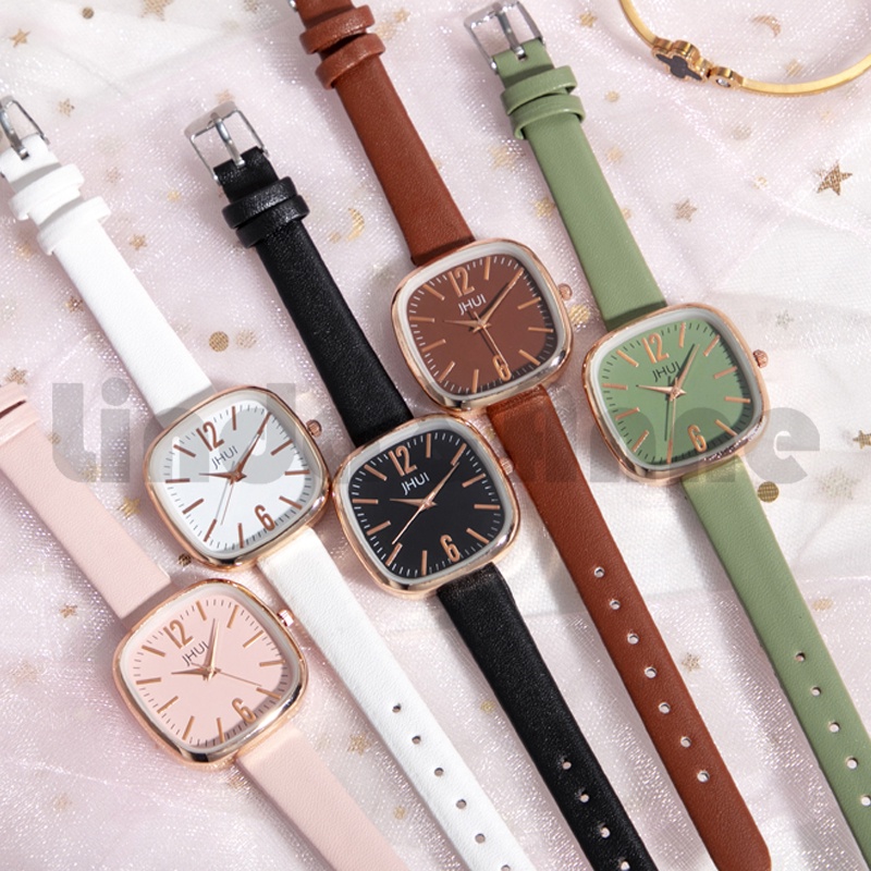 Jam Tangan Jhui Wanita Analog Strap Pu Leather Dial Kotak Model Terbaru - Jam Tangan Murah