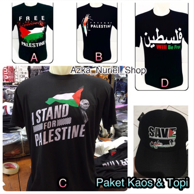 Paket Kaos Dakwah Combed 30s Free Palestine Topi 