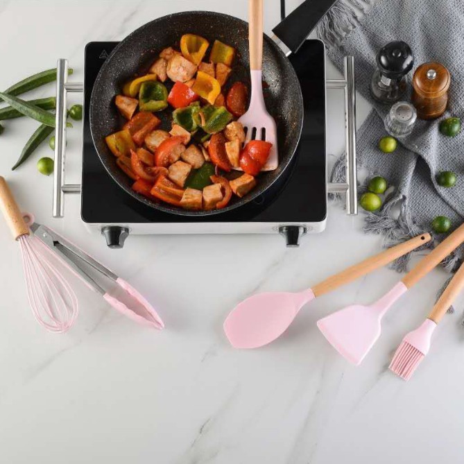 Alat Masak Set Kitchen Set Peralatan Masak 12pcs Bahan Kayu Silicon Anti Leleh Spatula Sutil
