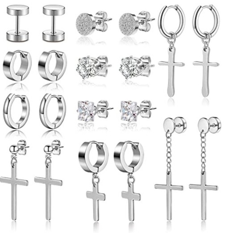 SIY  10  Pairs Stainless Steel Cross Earrings Studs Hinged Dangle Cross Hoop Earrings