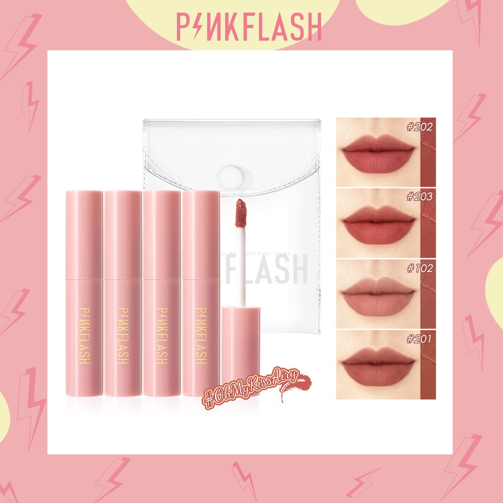 PINKFLASH OhMyKissAiry 4Pcs Lipstick Set Liquid Lipstick Matte Lip Tint With 1 Waterproof PVC Lipstick Bag