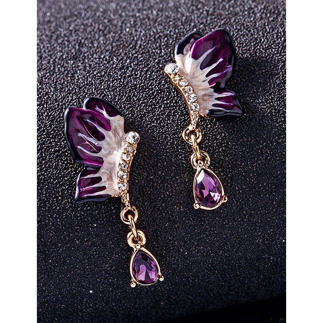 LRC Anting Tusuk Fashion Purple Earrings 925 Silver Needle Butterfly Drop Diamond Earrings F69628