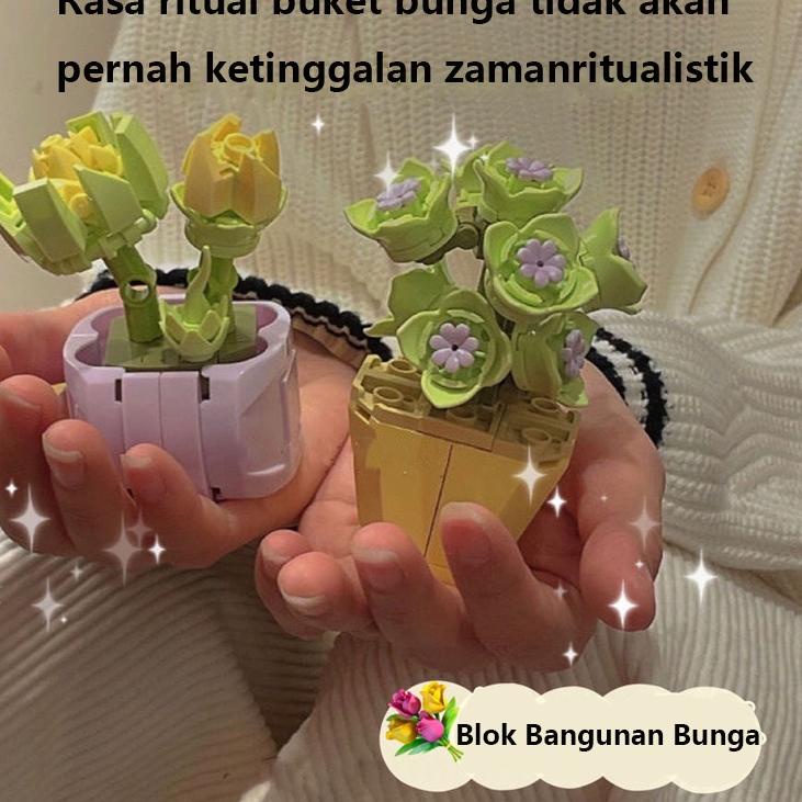 Stock Baru JAKI Mini Block Succulent Pot Tanaman Imitasi Buket Partikel Kecil Blok Bangunan Lucu Kreatif Ornamen Bangunan Mainan Hadiah