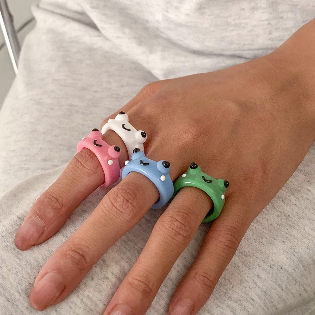 Cincin Bahan Resin Bentuk Kartun Kodok Warna-Warni Untuk Wanita