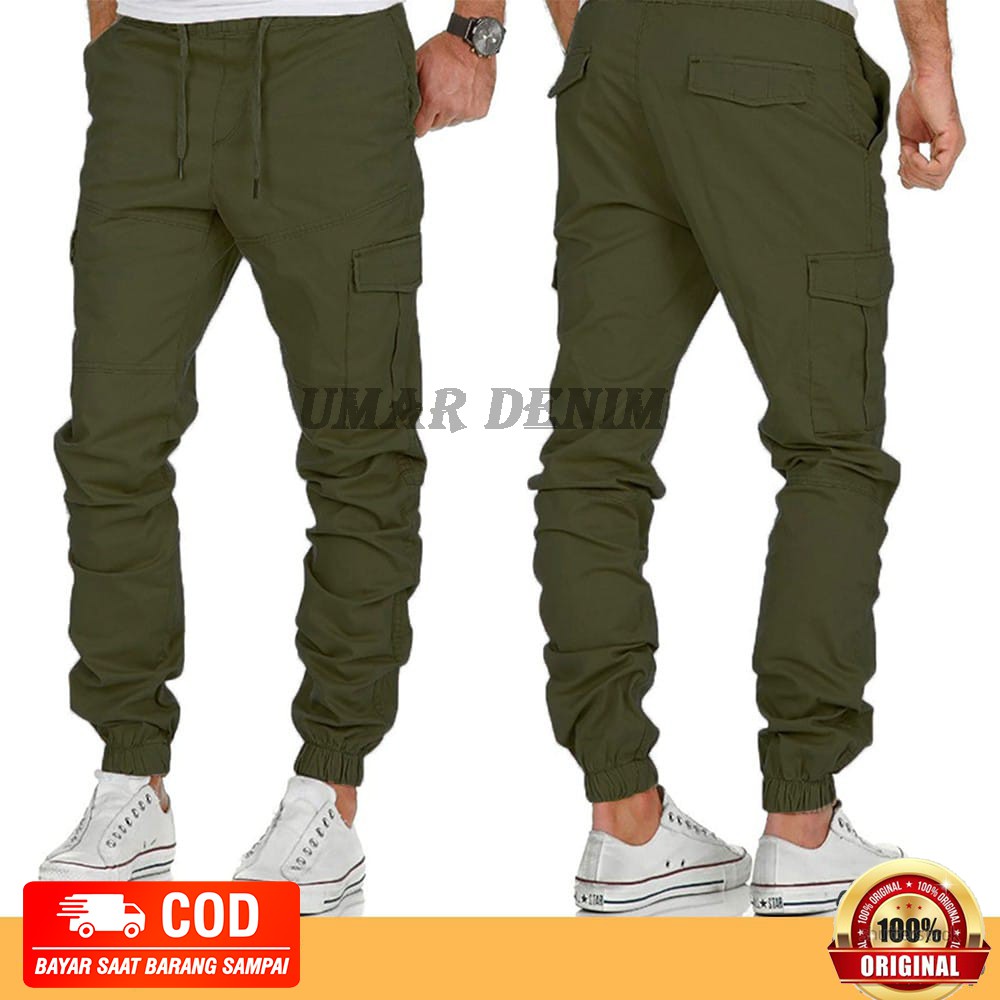 Celana Joger Cargo Karet Pinggang Pria Wanita Bahan Cattun Premium