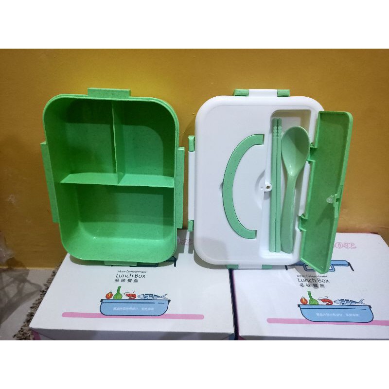 lunch box lucu 3 sekat /tempat bekal set sendok + sumpit/ tempat kotak makan siang bpa free