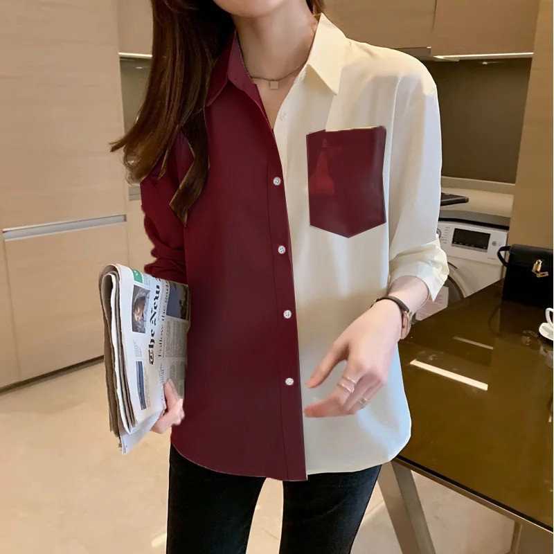 Kemeja Wanita Polos Casual Blouse Basic Kombinasi Warna Lengan Panjang Kekinian  Moscrepe-2