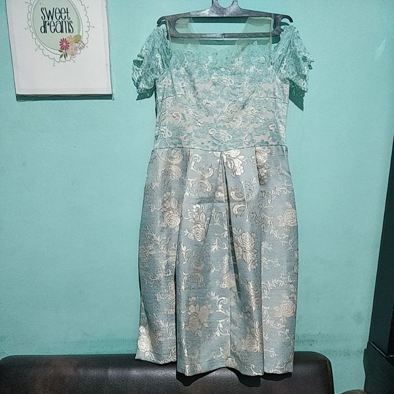 gaun dress hijau tosca preloved jahit sendiri bahu bolong