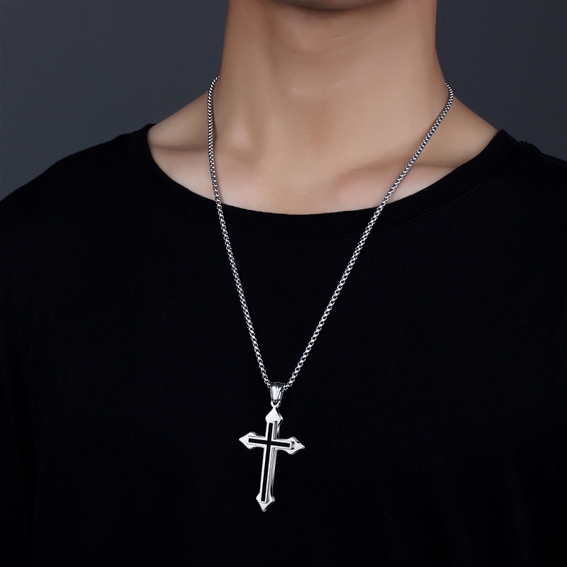 Kalung Rantai Liontin Salib Yesus Bahan Titanium Steel Alloy Warna Silver Untuk Pria Dan Wanita