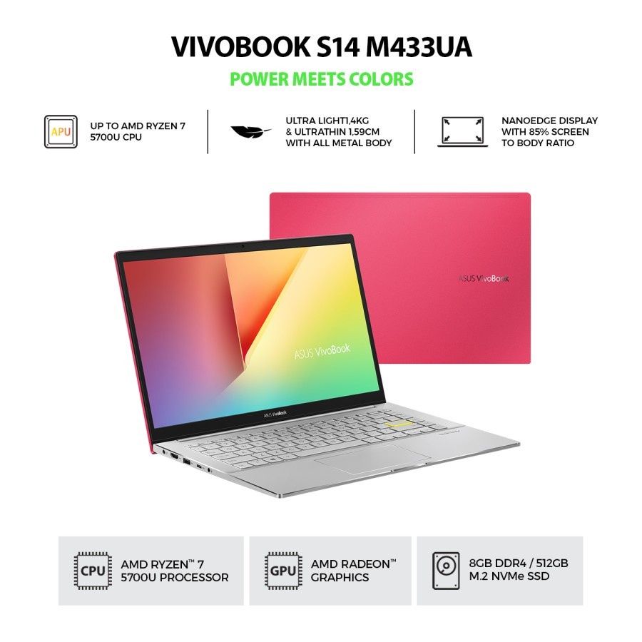 ASUS VivoBook S14 M433UA-EB752TS - AMD Ryzen™ 7 5700U 8GB / 512GB Garansi resmi ASUS 2 Tahun