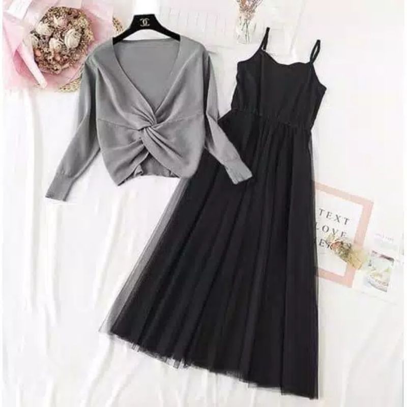 set 2 in 1 dress tutu / dress wanita / dress muslim / dress cardigan / dress lilac / dress pesta