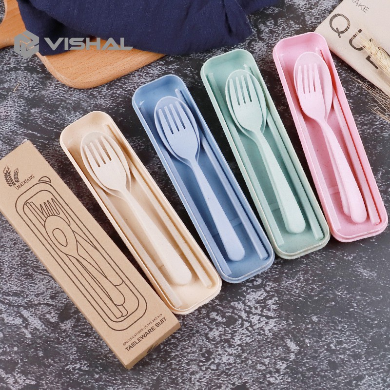 VISHAL 4 pcs Wheat straw Travel Cutlery Set Portabel Alat Makan Sendok Garpu Sumpit Chopsticks VS-23