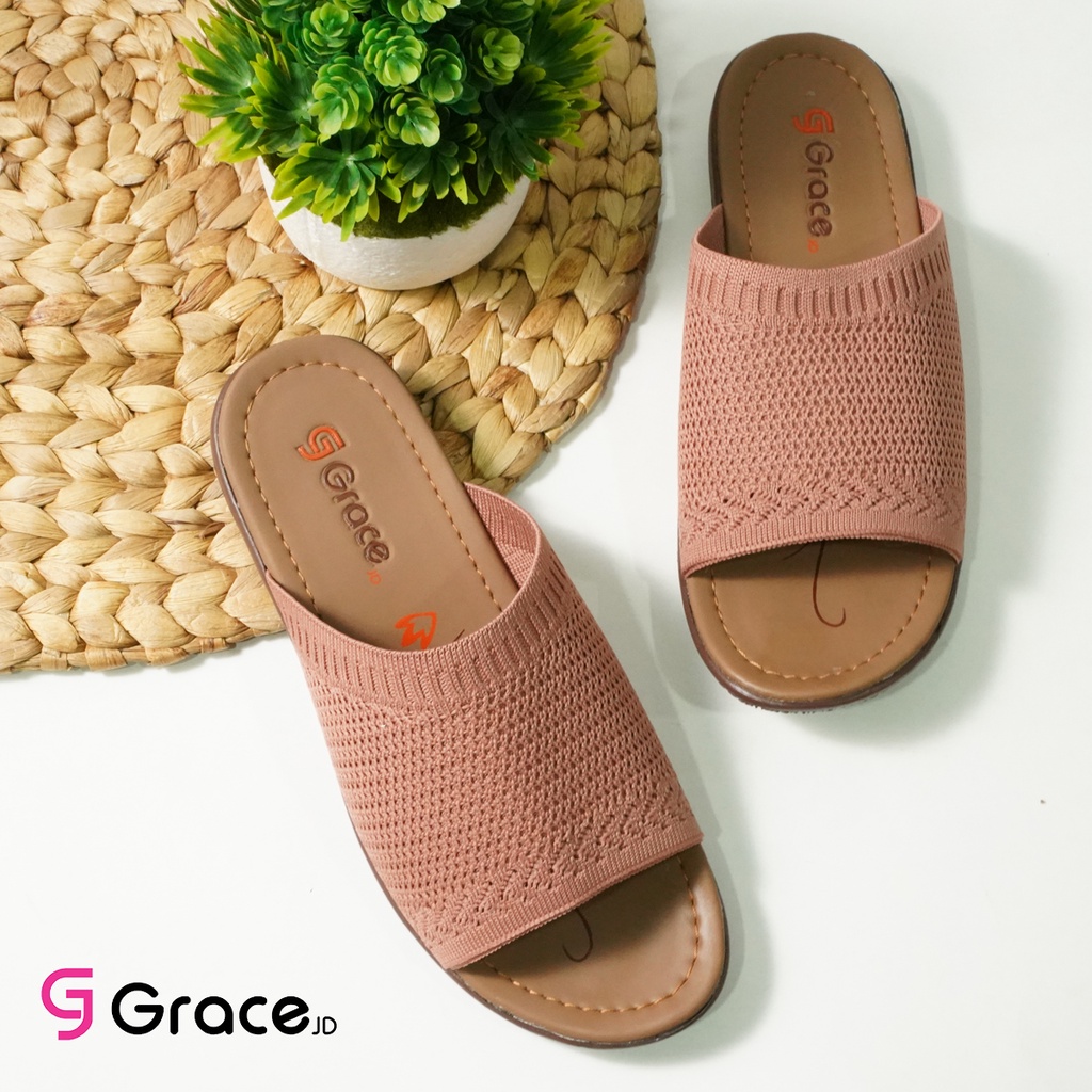 Grace(RJB 01)/Sandal Teplek Wanita Distro Selop Rajut elastis Flat/sandal slop karet rajut cewek Murah-SALEM
