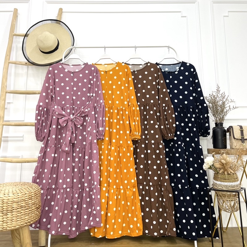 dress rempel polkadot -gamis kekinian - baju lebaran - rempel susun 3 ruffle - rafel -rafle  - mater