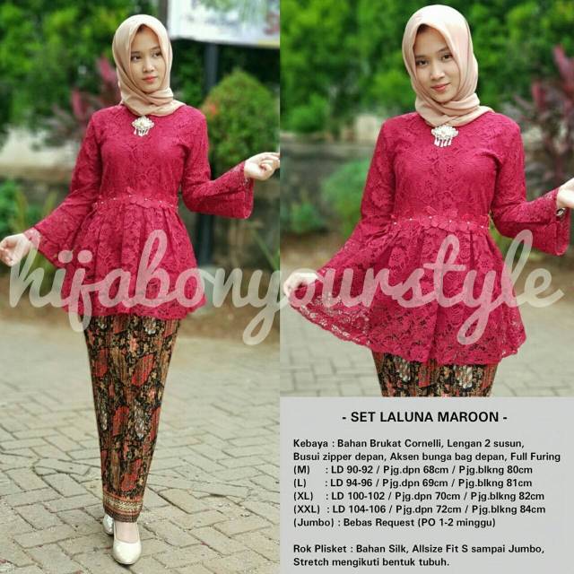 SET KEBAYA LALUNA MAROON MIX ROK PLISKET