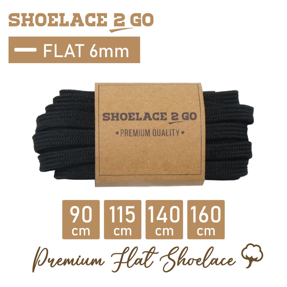 SHOELACE 2 GO PREMIUM TALI SEPATU GEPENG PIPIH FLAT - SF6 - B1 - BLACK - 6MM - 90CM 115CM 140CM 160CM