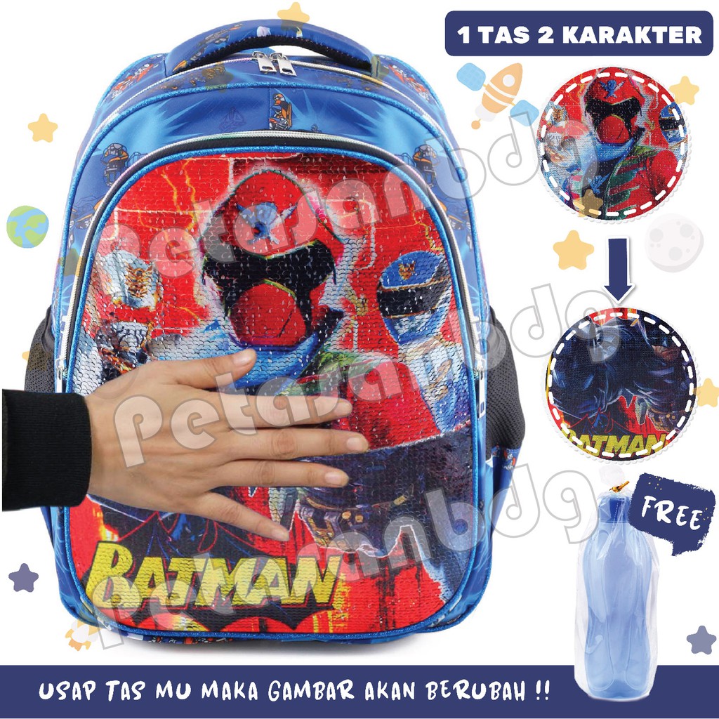 PTS - Tas Usap Ransel Sekolah Anak Cowo / Laki Laki BATMAN &amp; POWER RANGERS - Ransel Model Usap / Swipe Boys + BOTOL