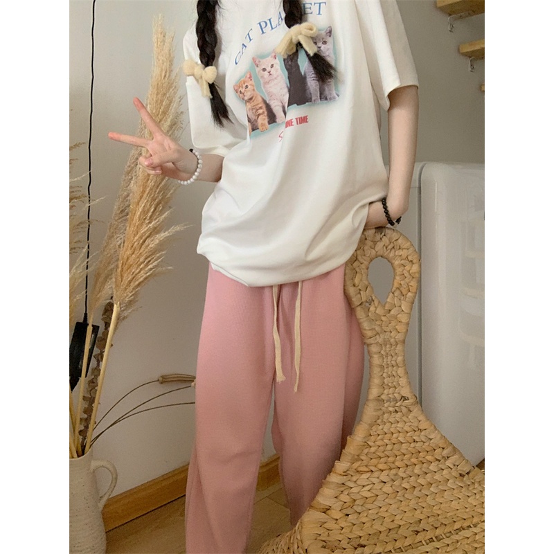 EUNII T-shirt Lengan Pendek Imut Kucing Pencetakan Longgar Korean Style/Kaos Atasan Wanita/Baju Kaus Oversize Wanita