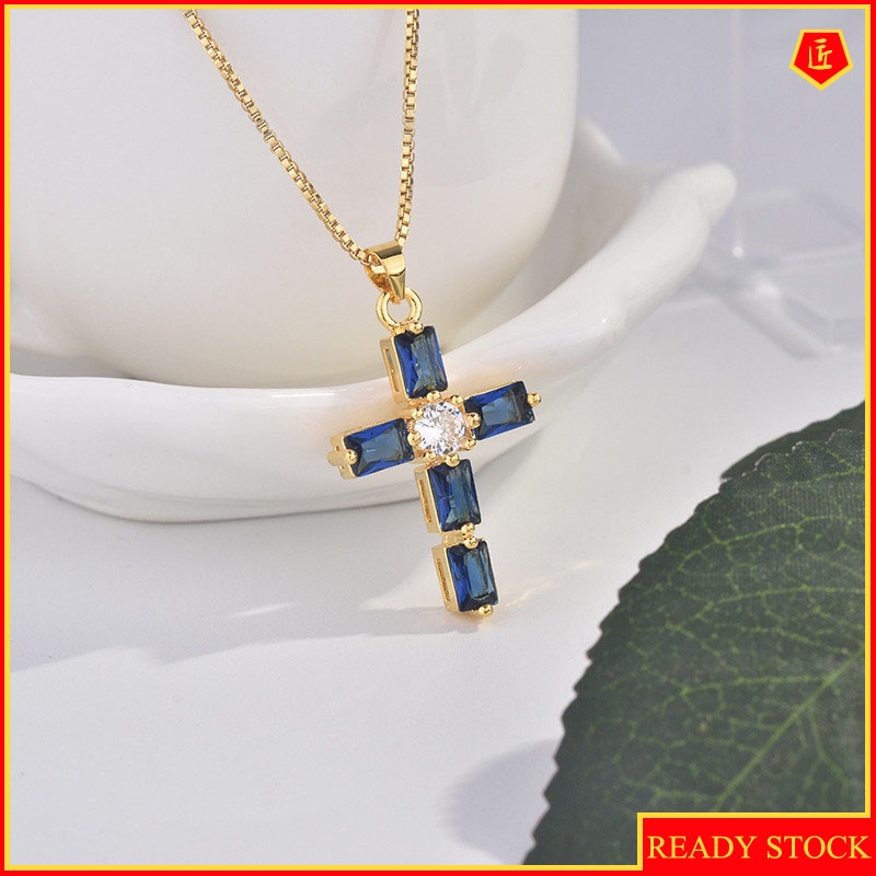 [Ready Stock]Fashion Popular Gold-Plated Inlaid Sapphire Pendant Luxury Cross Necklace