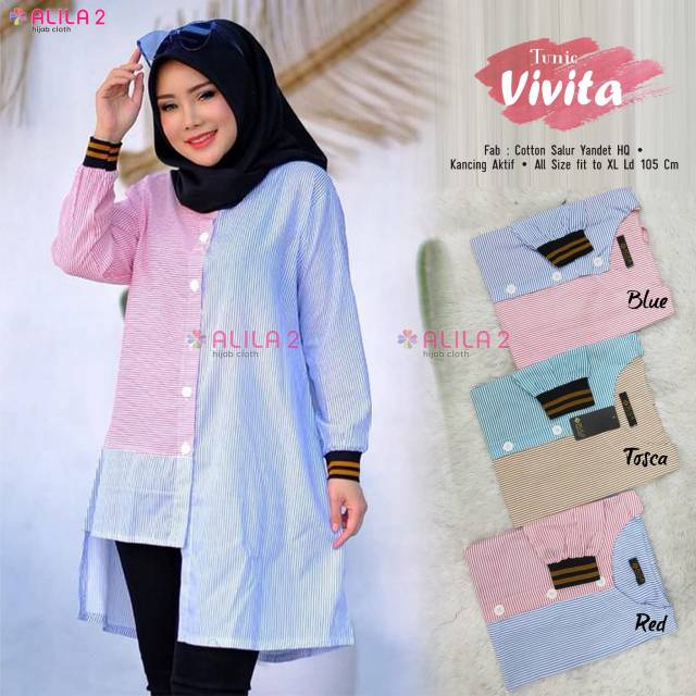 Tunik vivian atasan muslim lengan panjang  by alila ld 105 busui aktif bahan cotton salur yandet HQ