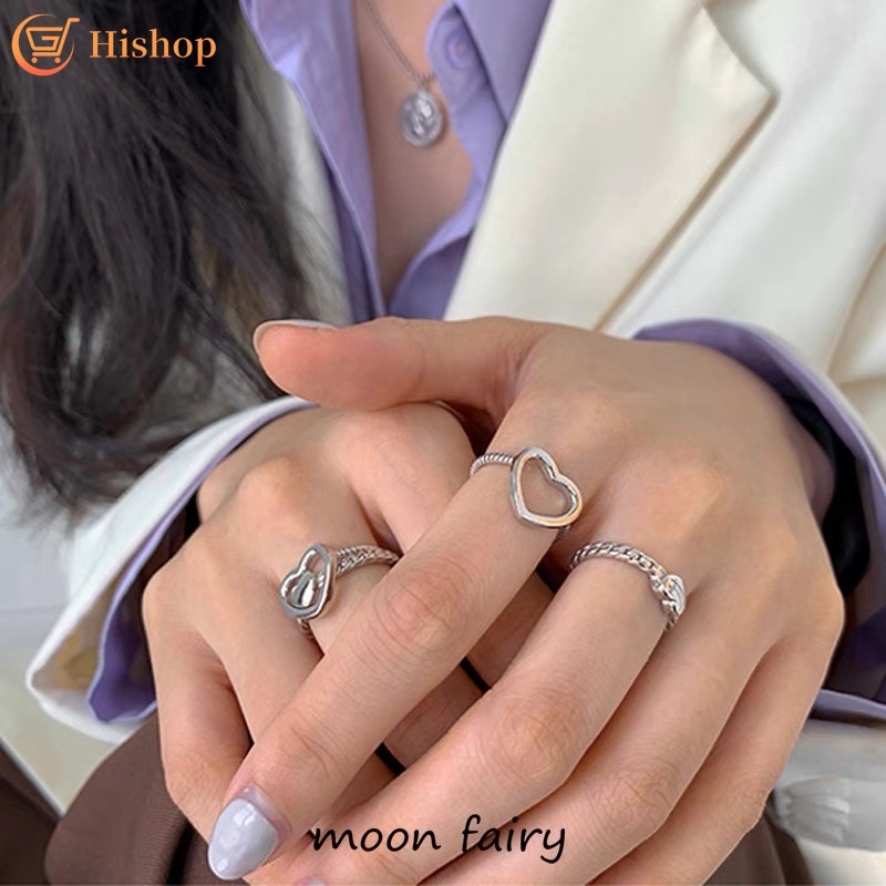 2pcs / Set Cincin Model Terbuka Dapat Disesuaikan Bentuk Hati Warna Silver Untuk Wanita