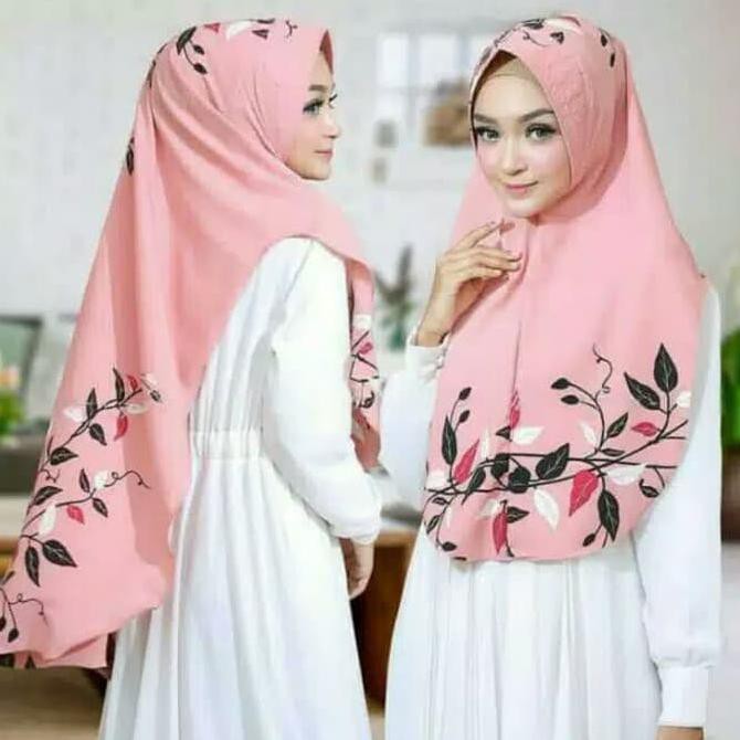 VBEK HIJAB ORI KHIMAR OVAL PRINTING MOTIF DAUN NAURA SYARI - BLACK I9AT