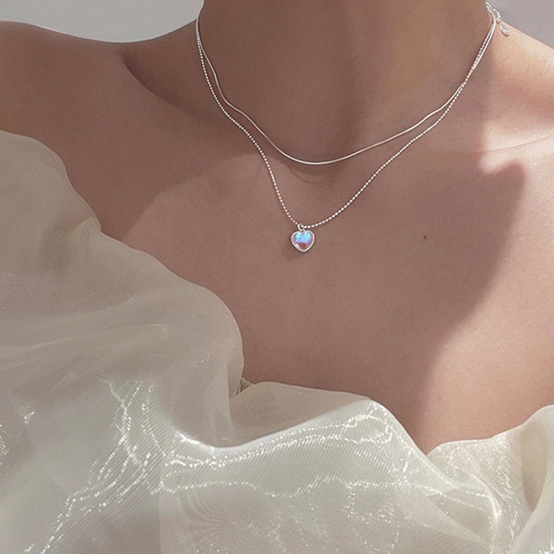 Set Anting Tusuk + Kalung Rantai Liontin Hati Batu Opal Mini Gaya Korea Untuk Wanita