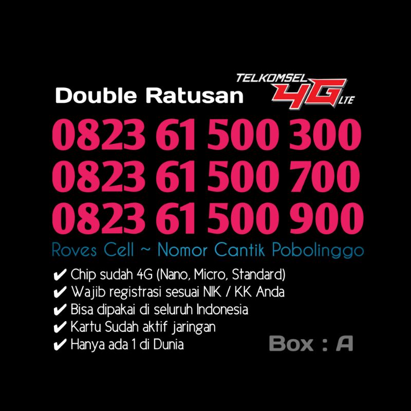 NOMOR CANTIK TELKOMSEL 4G LTE SERI DOUBLE RATUSAN SERI 300 500 700 900 HOKI KARTU AS HOKY