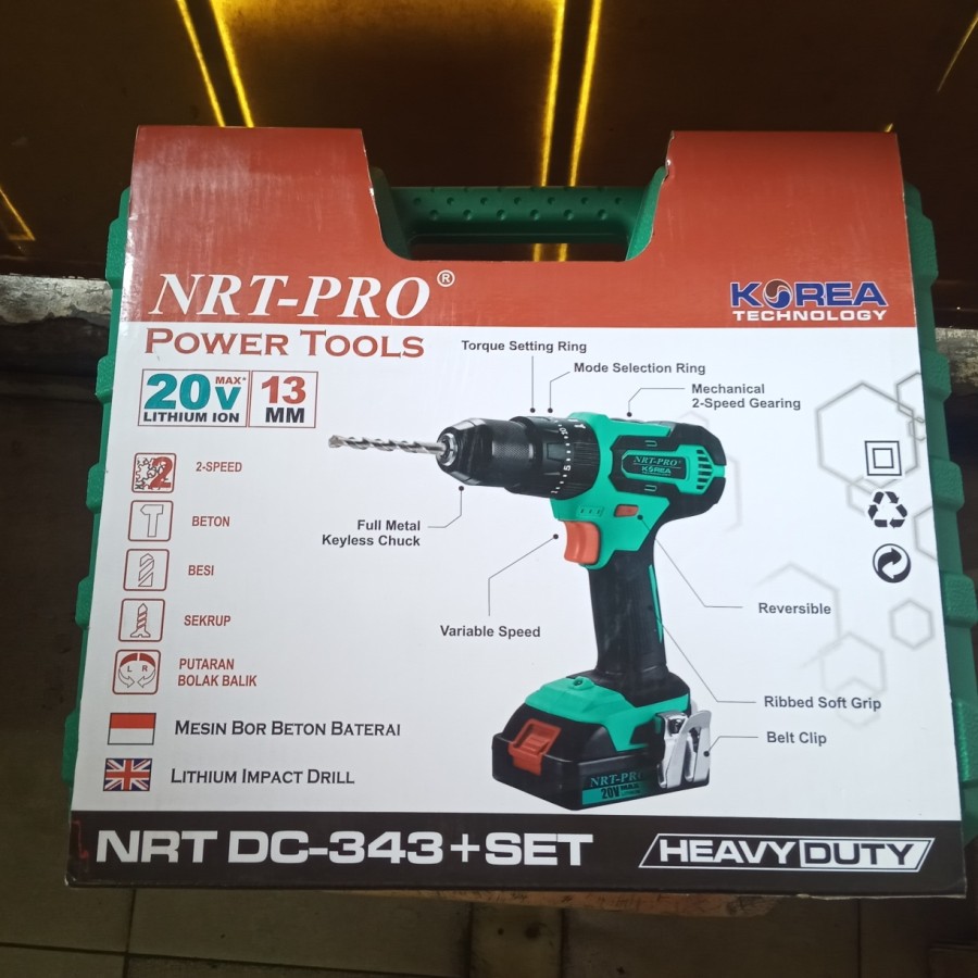 Bor Cordless Impact Drill 13 mm NRT PRO DC343 SET 20V Mesin Bor Baterai Tangan Beton