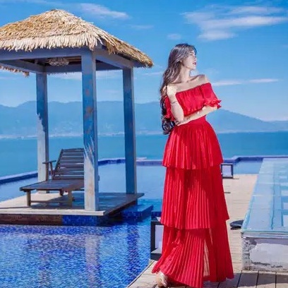 𝐑𝐄𝐀𝐃𝐘 𝐒𝐓𝐎𝐂𝐊 𝐒𝐀𝐅 - EMMA ruffle sabrina long dress woman premium / korean summer dress / beachwear bal