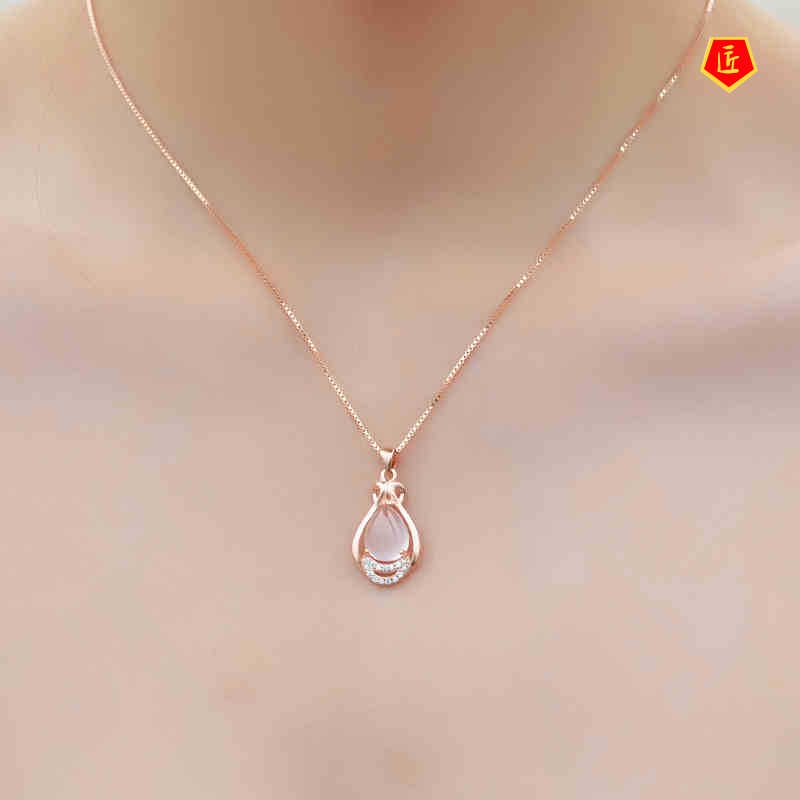 [Ready Stock]Korean Necklace Rose Gold Plated Pink Crystal Women's Pendant Elegant Fashion