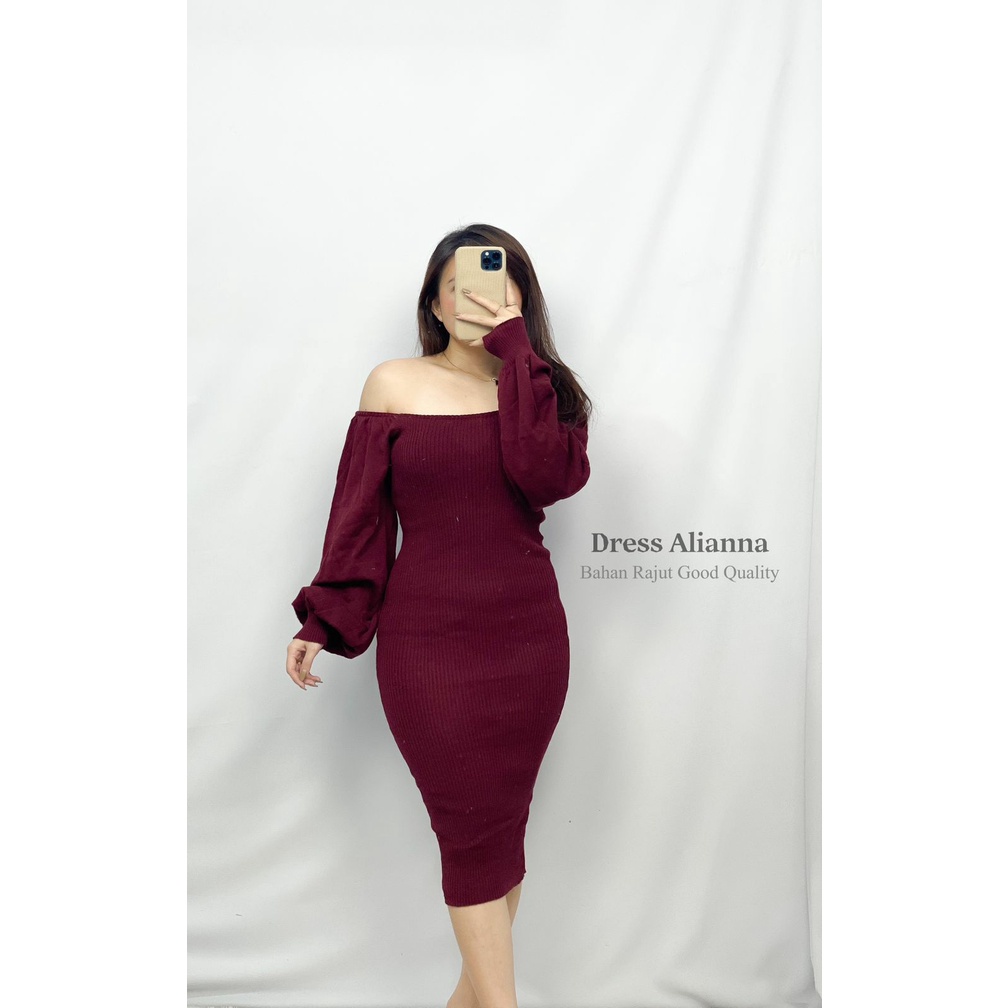 HOPYLOVY - Dress Alianna Bahan Rajut Fashion Wanita Model Lengan Balon