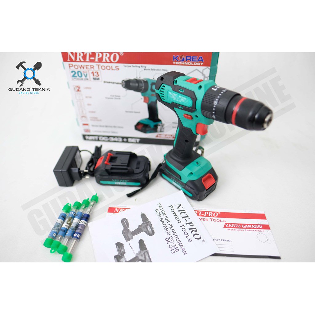 NRT PRO 343 / Cordless NRT PRO DC343 SET 20V Mesin Bor Baterai Portable Impact Hammer Drill 13mm