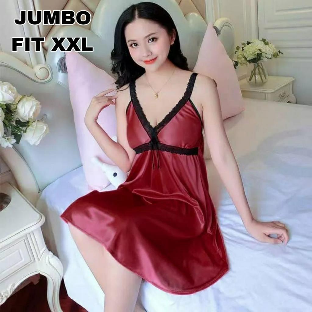 Dtree . Dress lingerie renda hitam kecil size JUMBO import /baju tidur wanita sexy satin fit xxl