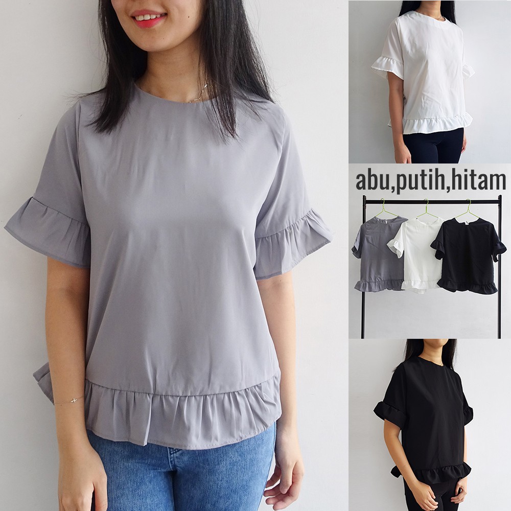 [ClothME] Chelsea baju top atasan blouse wanita rufle rufles ruffles hitam putih abu monochrome