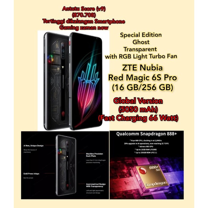 ZTE Nubia Red Magic 6S Pro (5G-NFC) (16 GB/256 GB) (Snapdragon 888+) (Limited Edition Transparan Bac