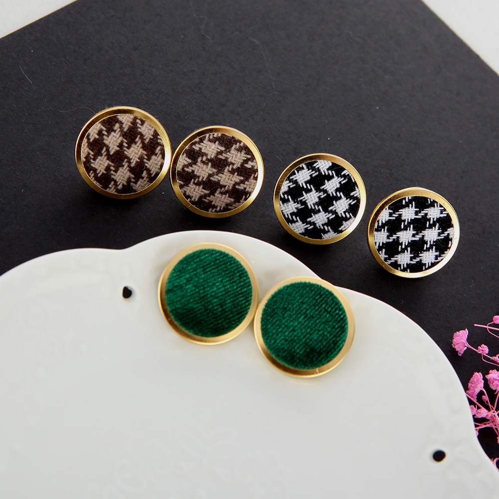 Jepang dan Korea bulat multi warna houndstooth corduroy beludru bulat Kotak-kotak anting-anting Kore