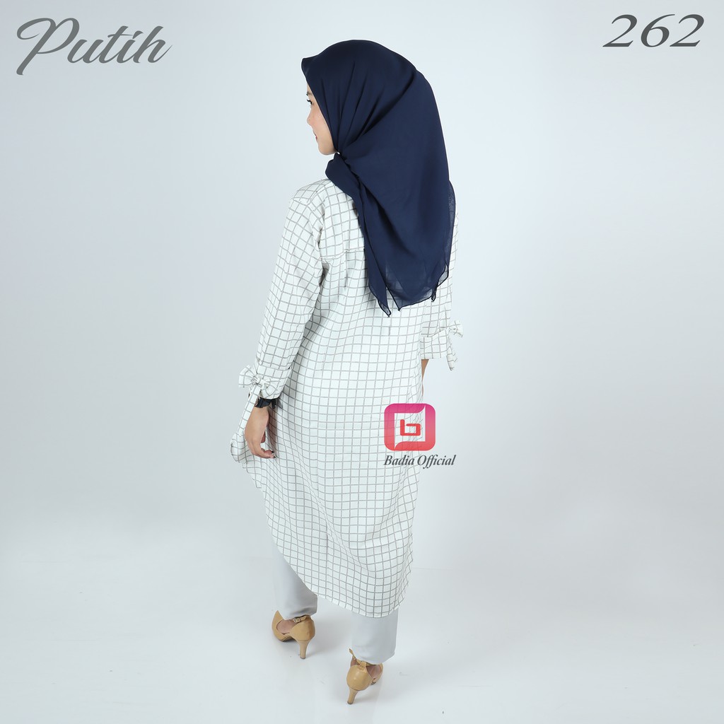 tunik kemeja flanel kotak kotak garis garis motif pita di ujung lengan panjang bahan moscrepe nutupin pantat wanita premium