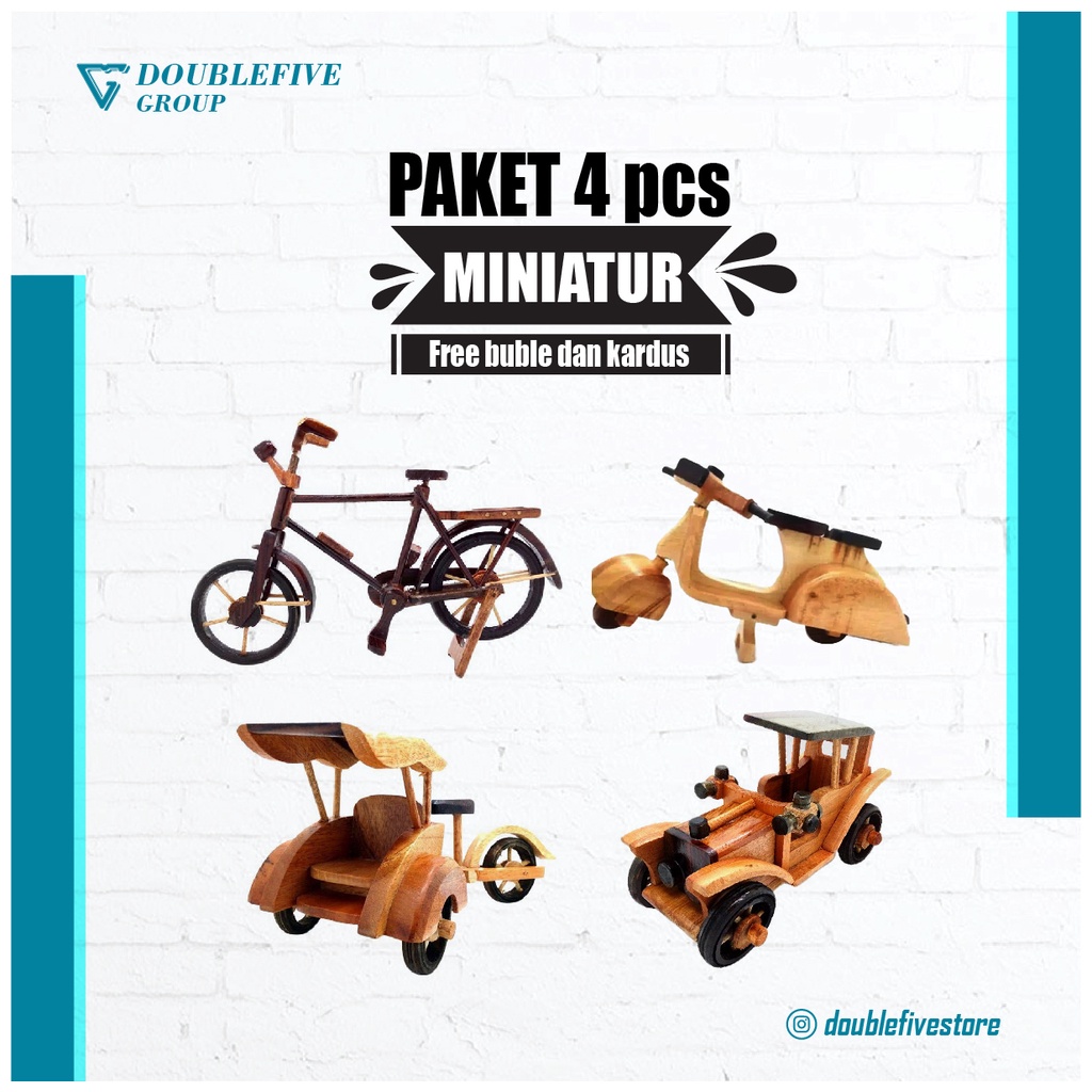 Miniature Paket I isi 4pcs - Miniatur dari kayu [Becak,Sepeda, Vespa,Kapal, Otran]