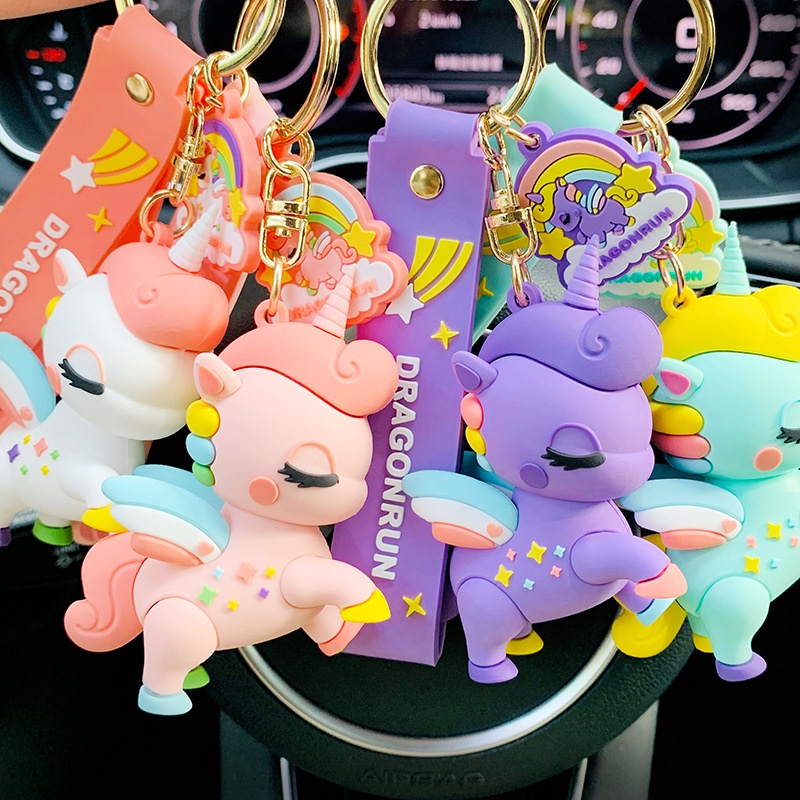 Gantungan Kunci Bentuk Boneka Kartun Unicorn Warna Pelangi Untuk Mobil / Tas Ransel