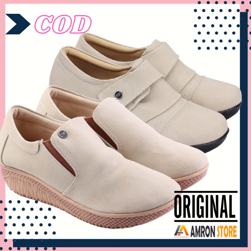 Sepatu Kasual Slip On Platform Wanita Krem Sintetis