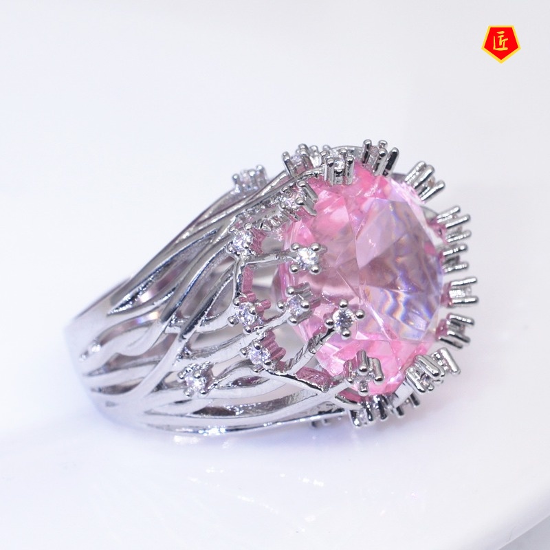 [Ready Stock]Inlaid Pink Crystal Ring Female Sweet Creative Exaggerating Branch Shape