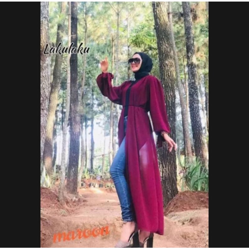 Mahira Long Outher Lengan Balon/ Cardigan Outher Wanita Matt Ceruty Babydoll/ Long Outher Kekinian Best Seller