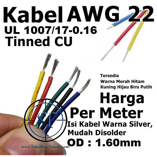 Kabel AWG 22 Tinned CU AWG22 Single Serabut Up To 80 Celcius Per meter 1 Jalur Warna Warni Tembaga Copper Bisa Disolder